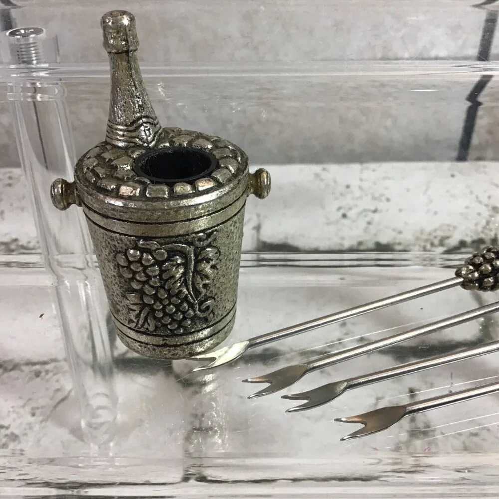 Vintage 1970’s Silver Plated Olive‎ Cocktail Fork Set Wine Bucket Grapes RARE